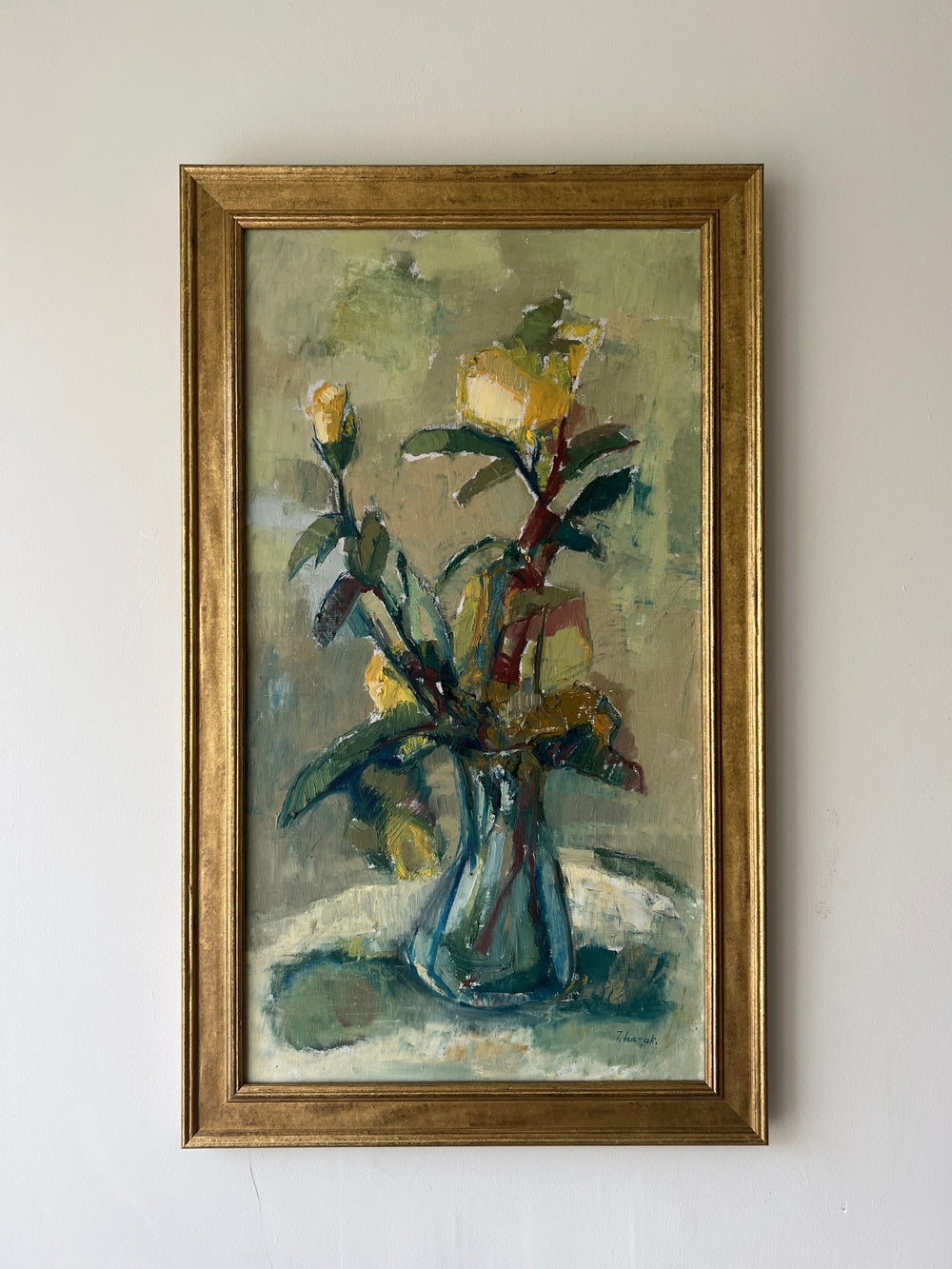 Framed vintage oil painting of yellow flowers in a gilt frame, available at Hue.