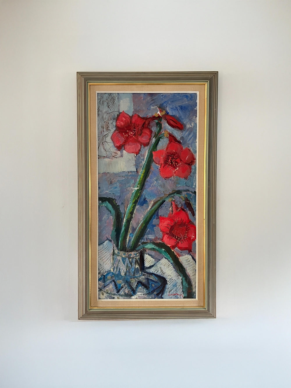 Framed vintage artwork of red amaryllis flowers, available at Hue.