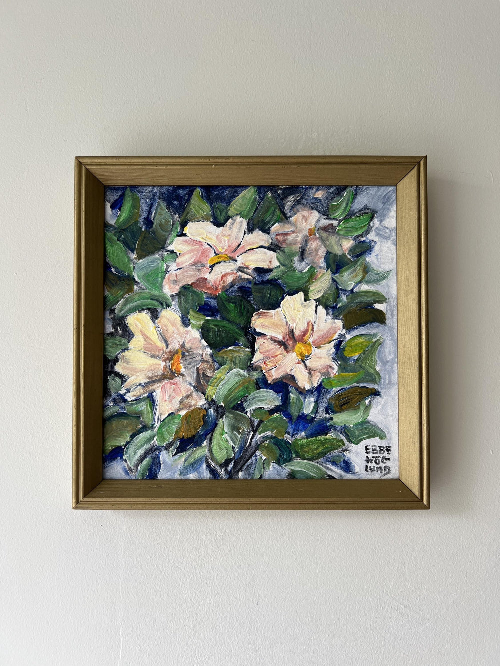 Framed vintage oil painting of camellia flowers, available at Hue
