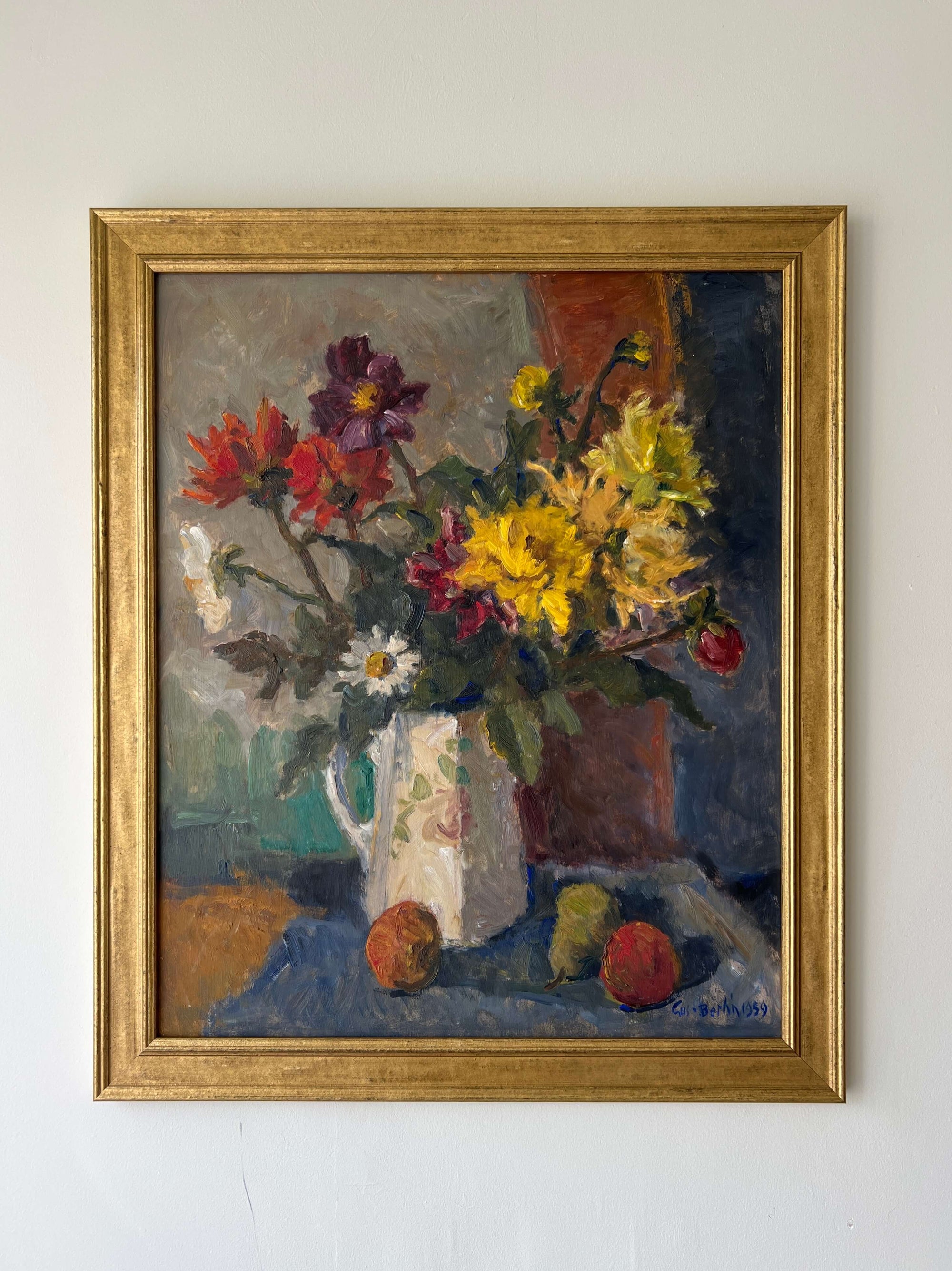 Framed impressionist oil painting on board of a bouquet of flowers with fruit. Still life art, available at Hue.
