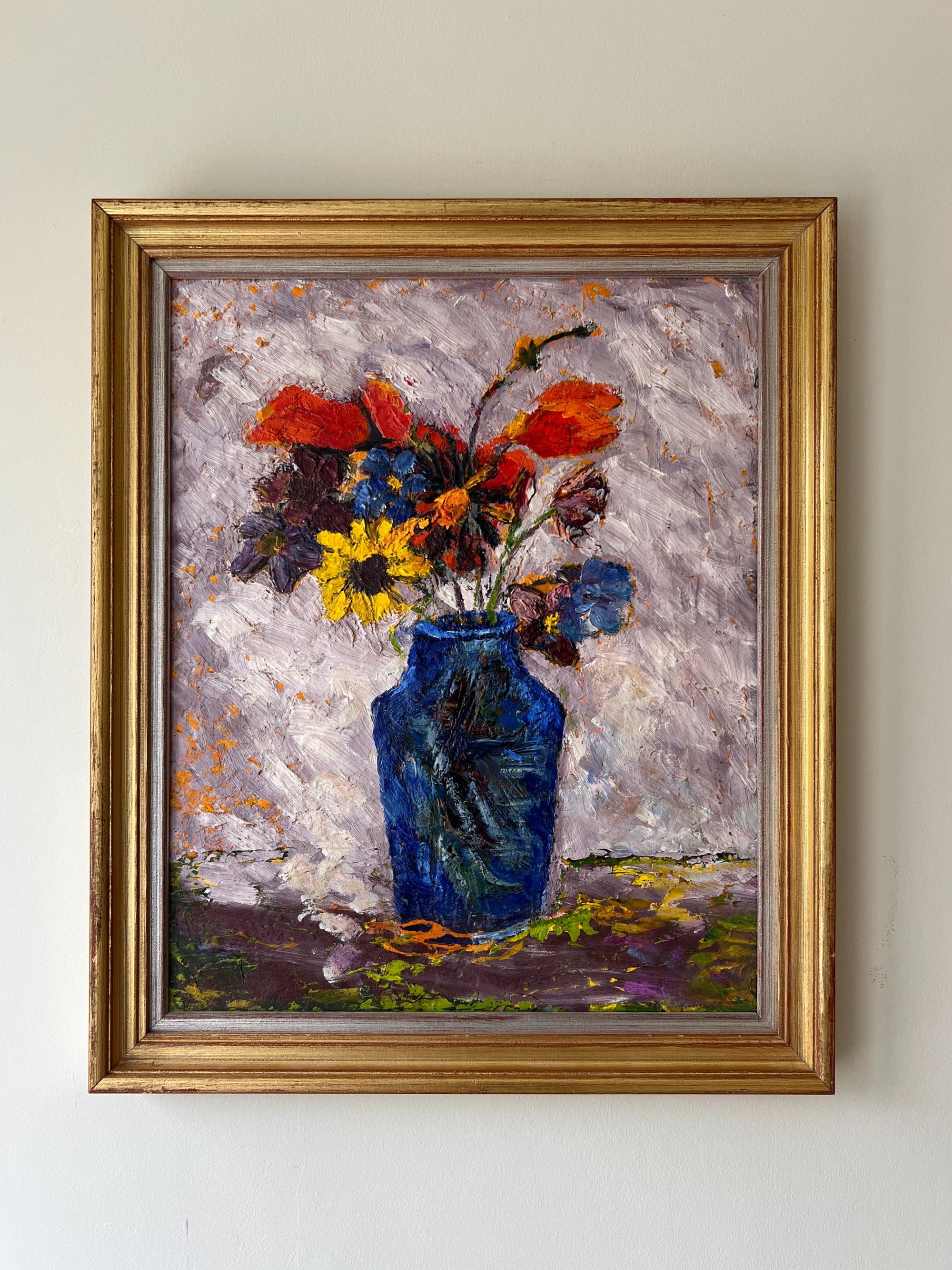 Framed painting of colourful flowers in a vintage gilt frame, available from hue