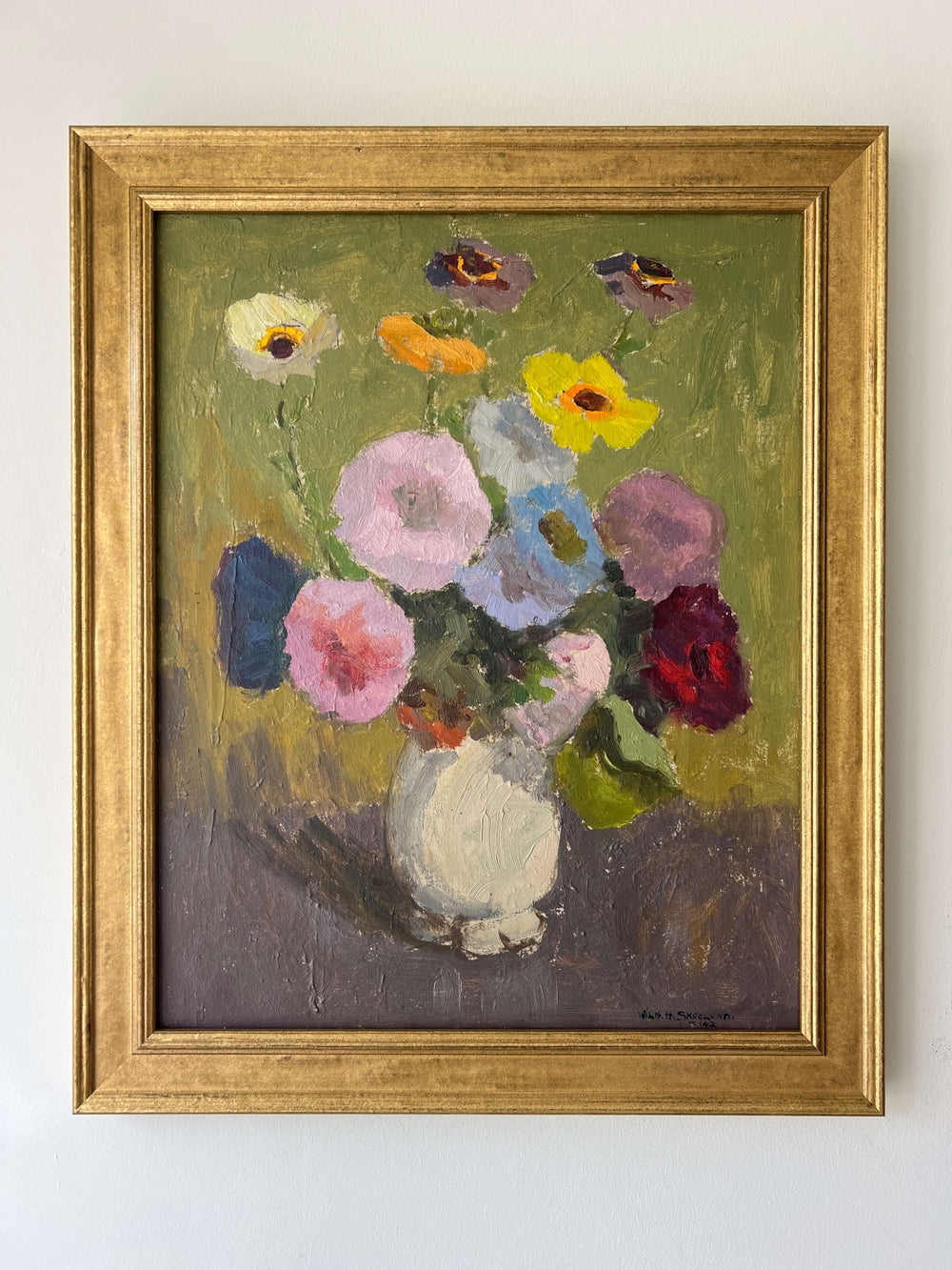 Framed, vintage, Swedish oil painting of a still life with flowers. Impressionist art, available at Hue. 