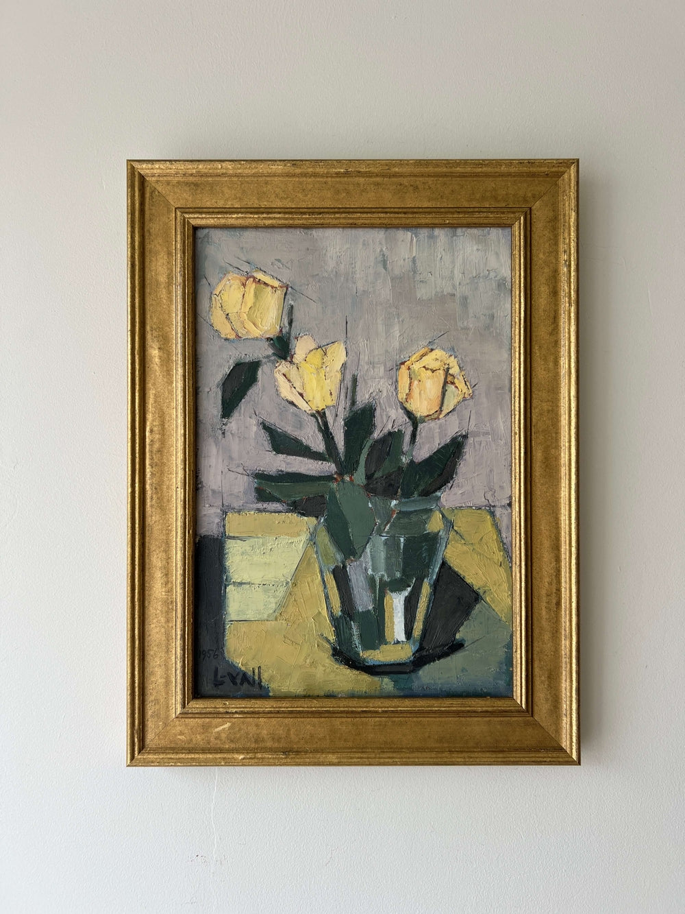 Vintage, framed, impressionist oil painting of yellow roses, flowers in a glass vase, available at Hue.