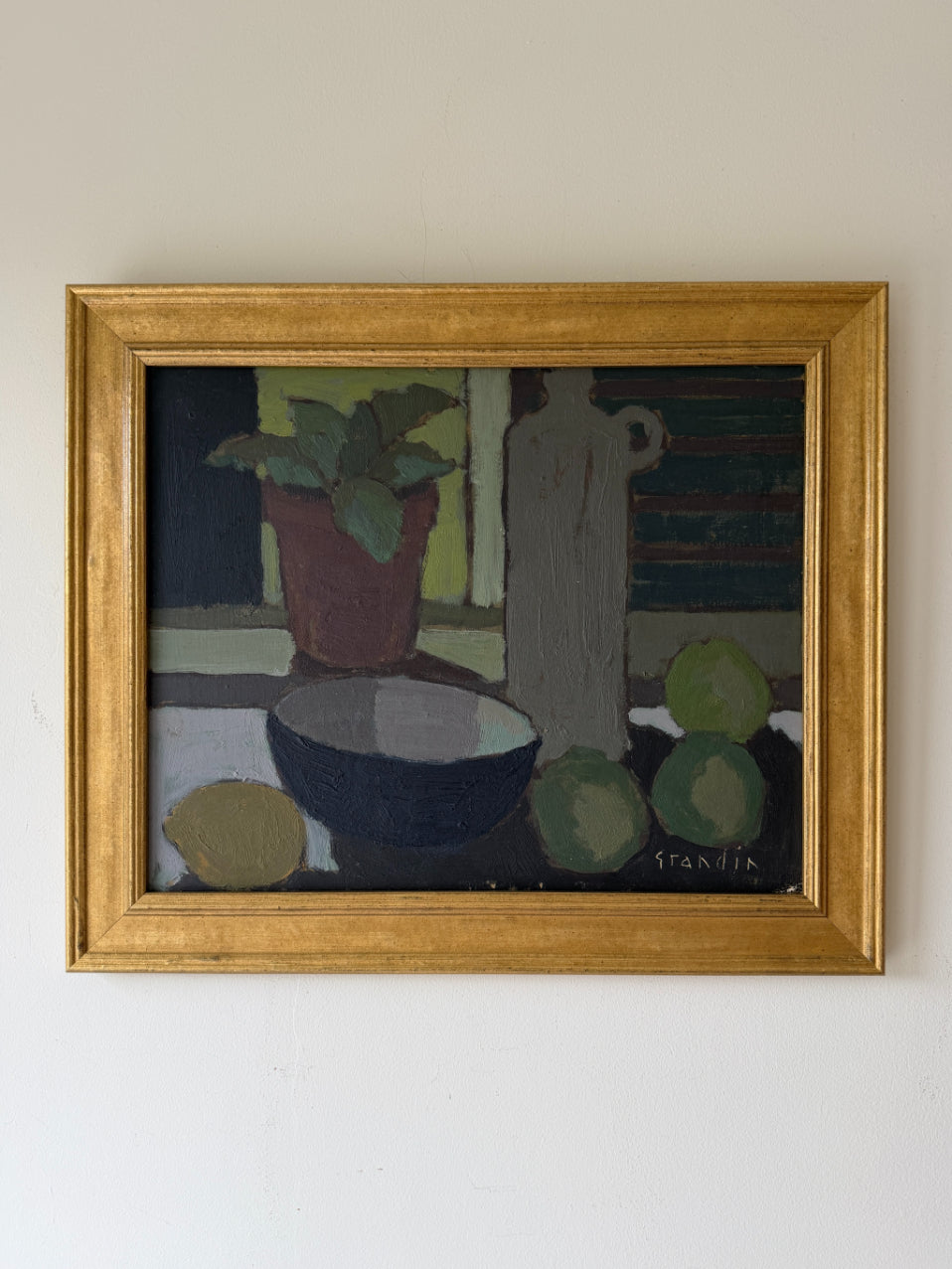 Framed vinatge oil painting of a still life scene with a plant, bowl, fruit and vessel. Available at Hue. 