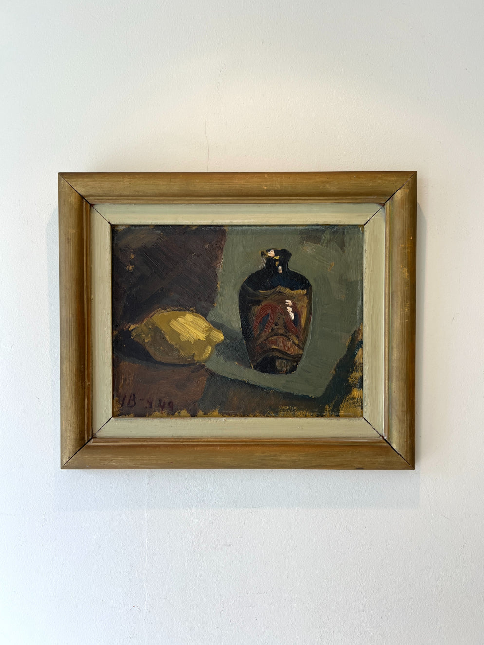 Framed vinatge still life oil painting of a lemon and vase. Available at Hue.