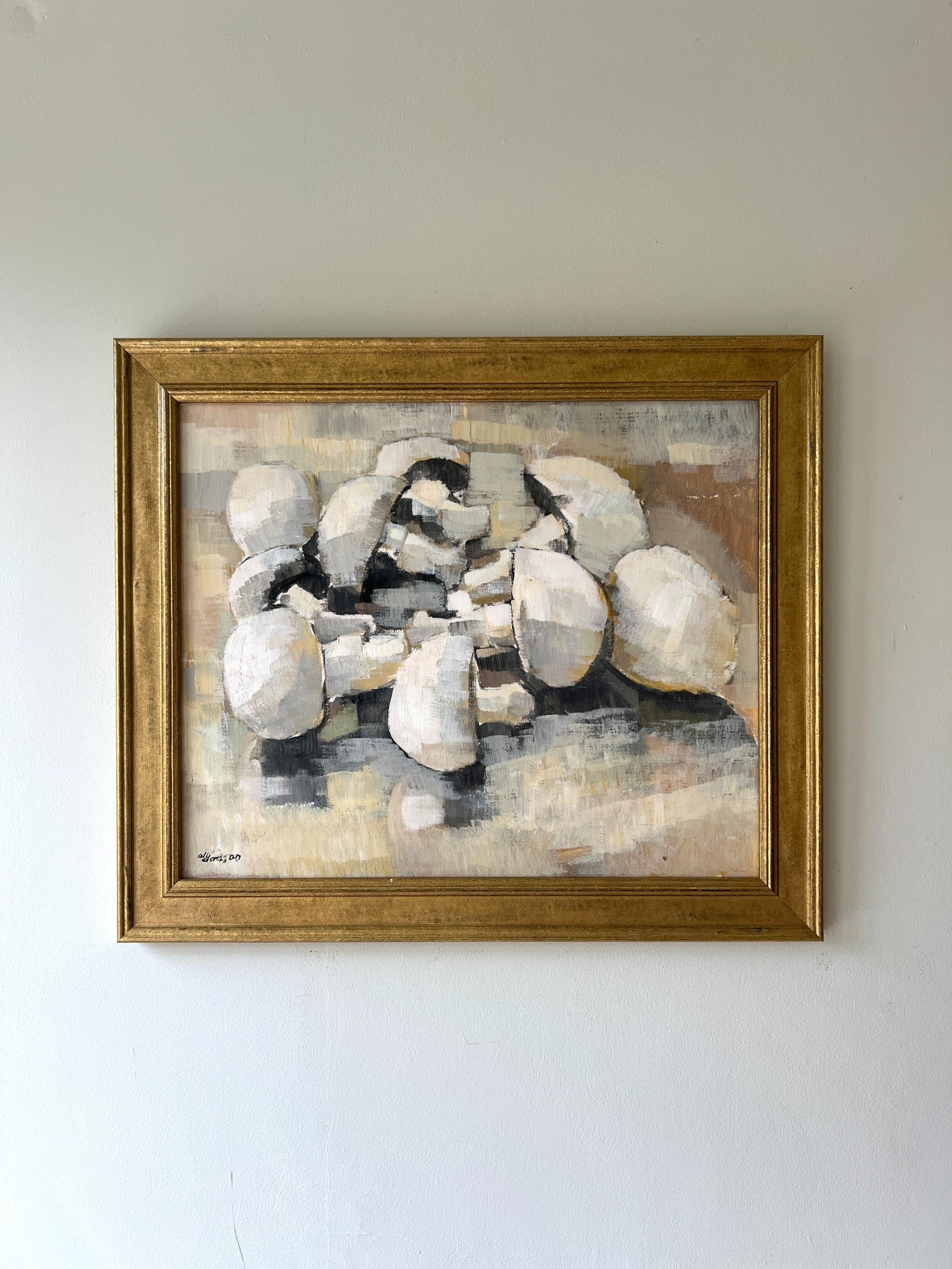 Framed vintage still life oil painting of mushrooms, available at Hue.