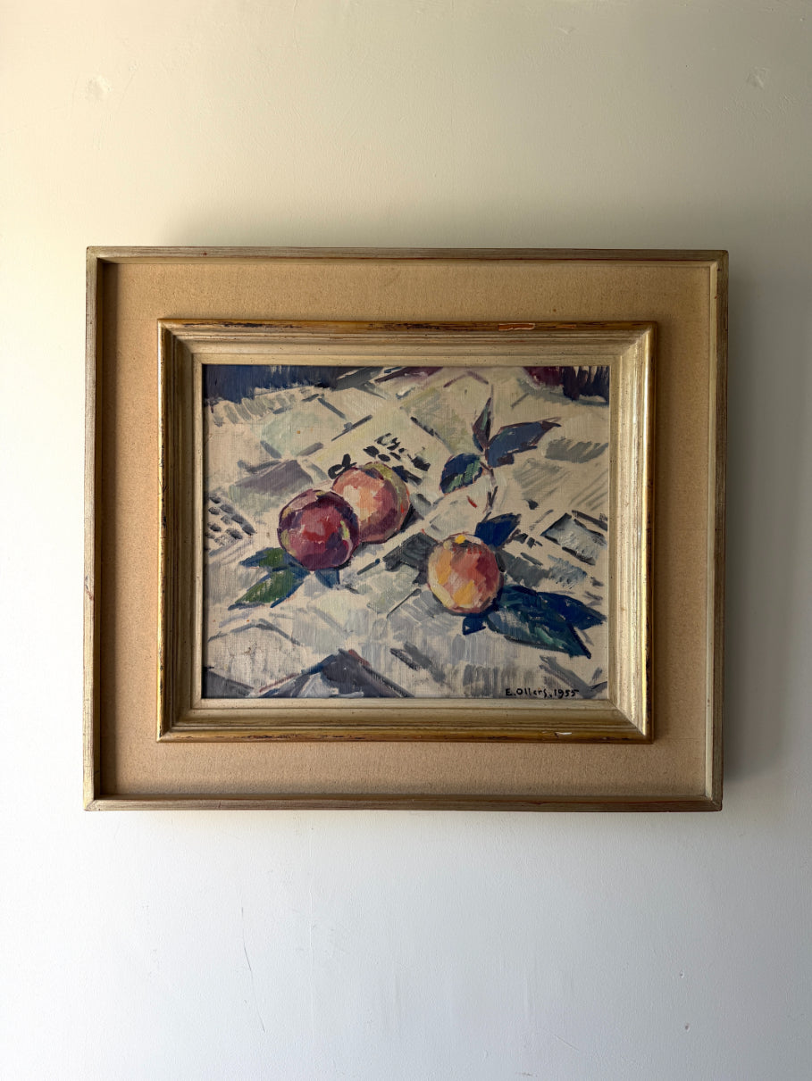 Framed vintage oil painting of fruits on a textured surface. Available at Hue.