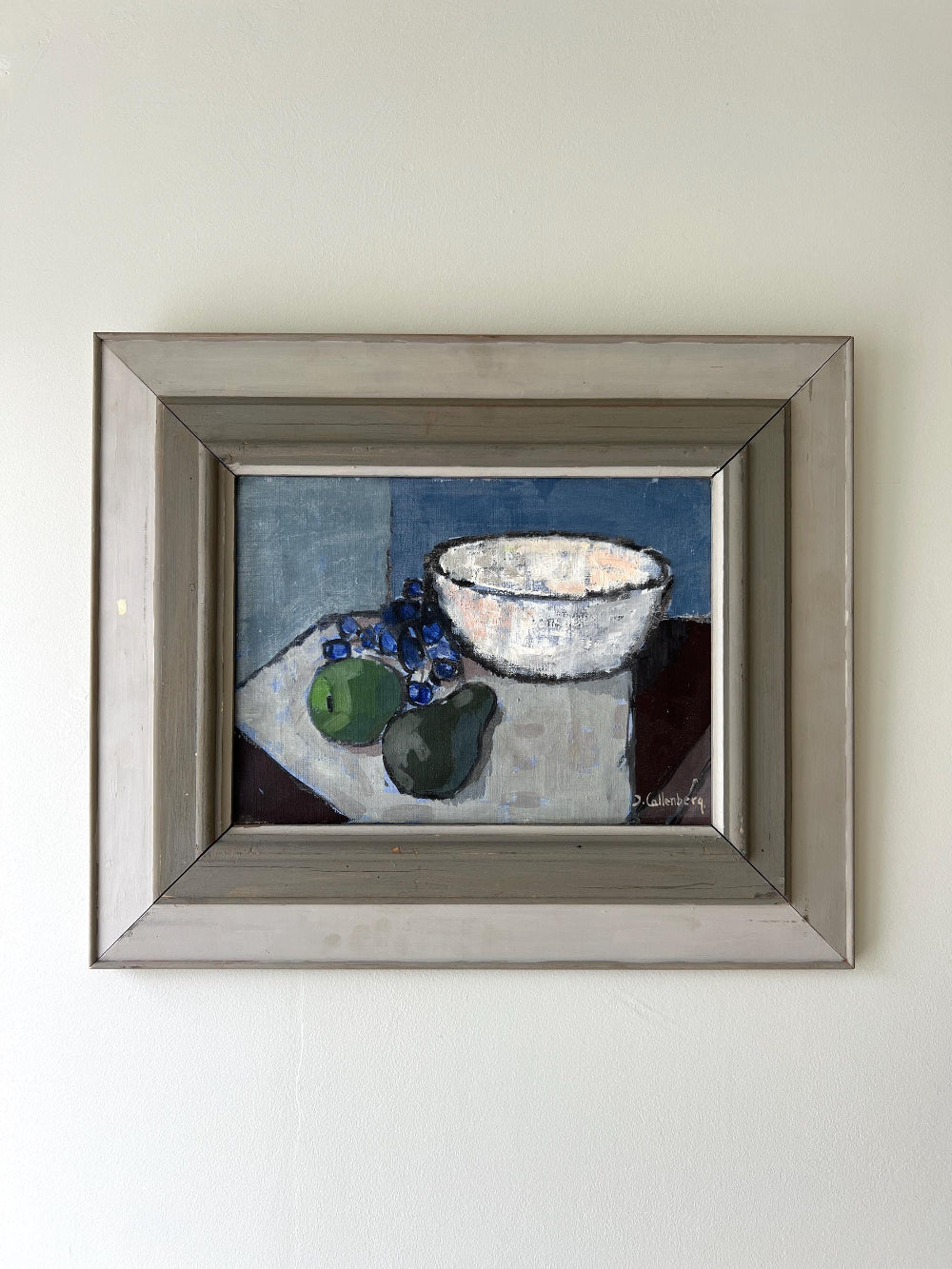 Framed vintage still life oil painting with a bowl and fruits on a table, available at Hue.