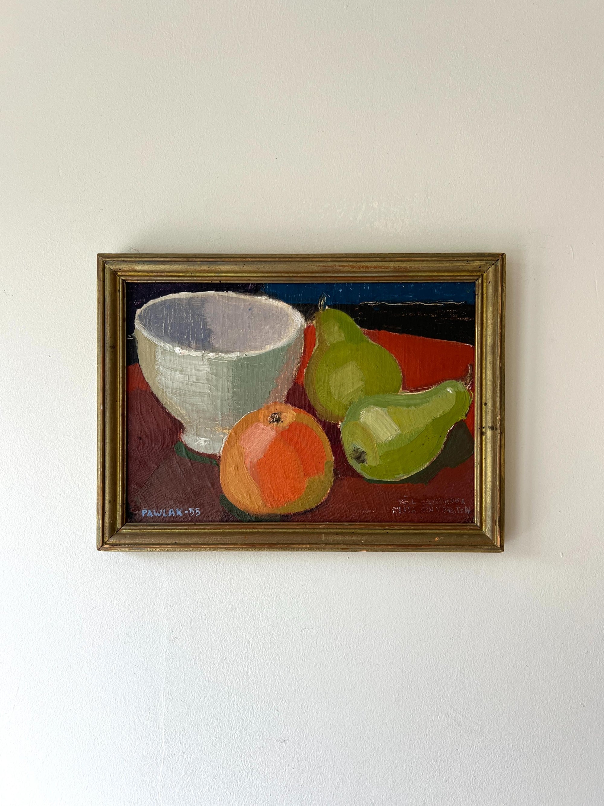 Framed vintage still life painting with a bowl and fruits, available at Hue
