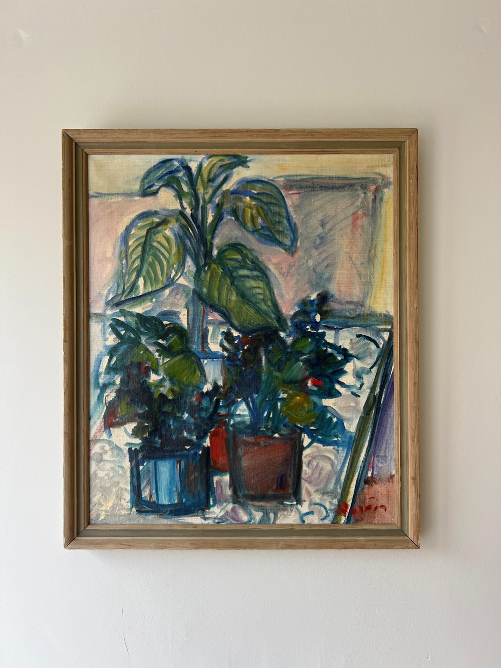 Framed still-life painting of three plant pots in a vintage wooden frame, available from hue