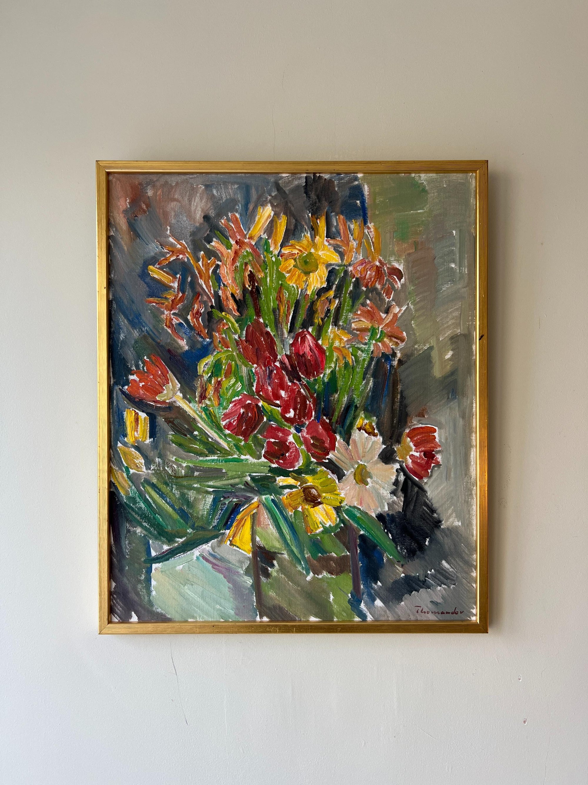 Framed vintage oil painting of a bouquet of flowers in expressive brushwork. Available at Hue. 