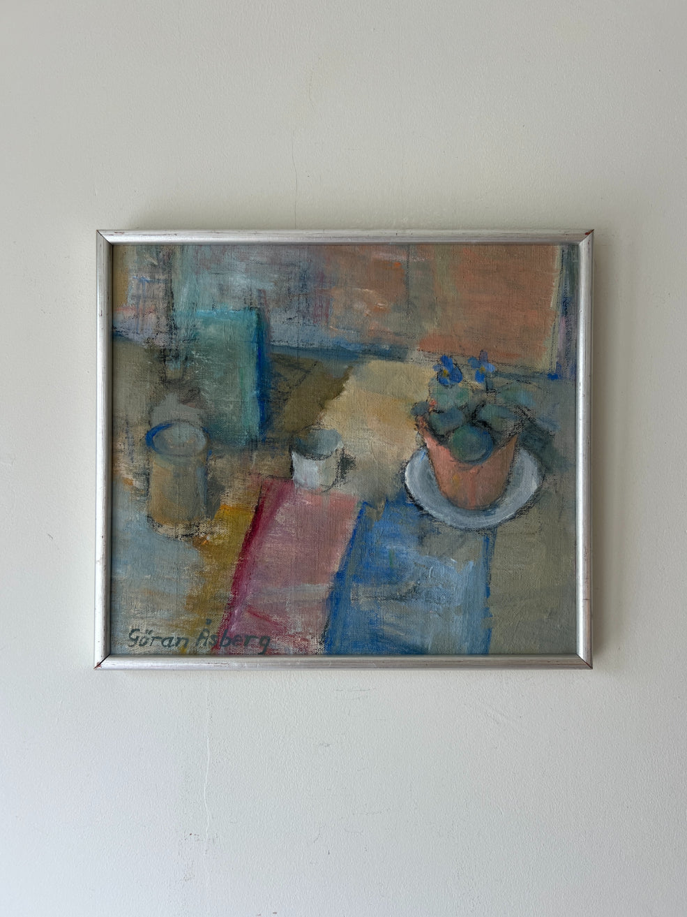 Framed vintage oil painting of a tabletop still life in muted pastel tones. Available at Hue. 