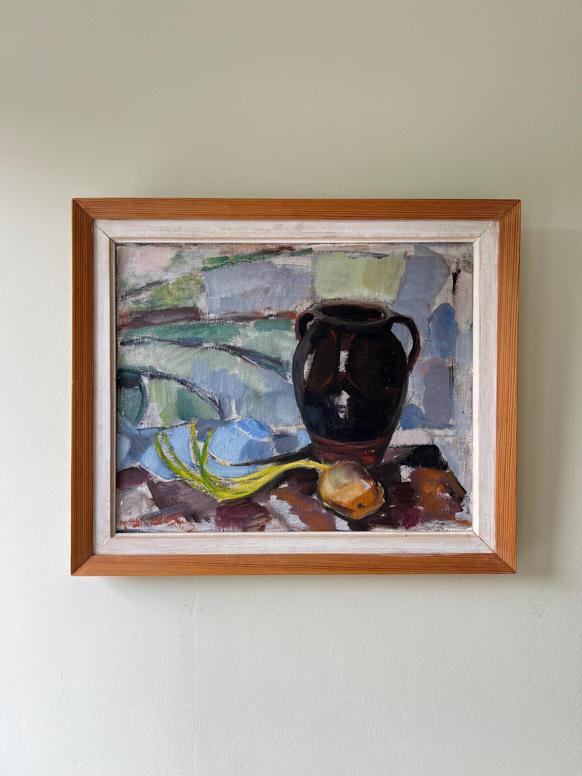 Framed vintage still life painting with a dark vase on a light abstract background, available at Hue.