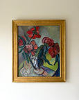 Framed vinatge oil painting of red flowers in a decorative vase. Available at Hue. 
