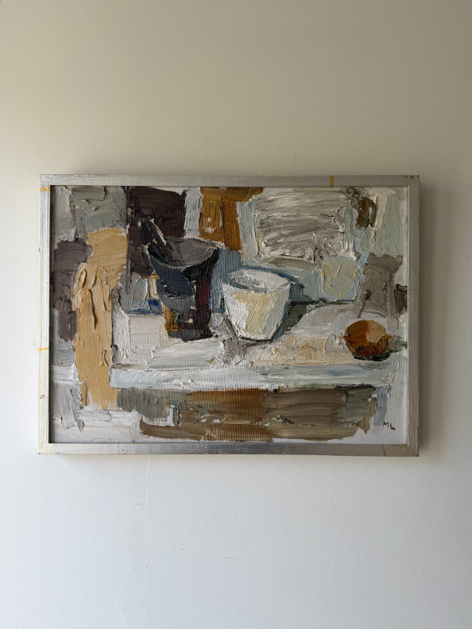 Framed vintage oil painting of a still life tabletop scene. Available at Hue. 