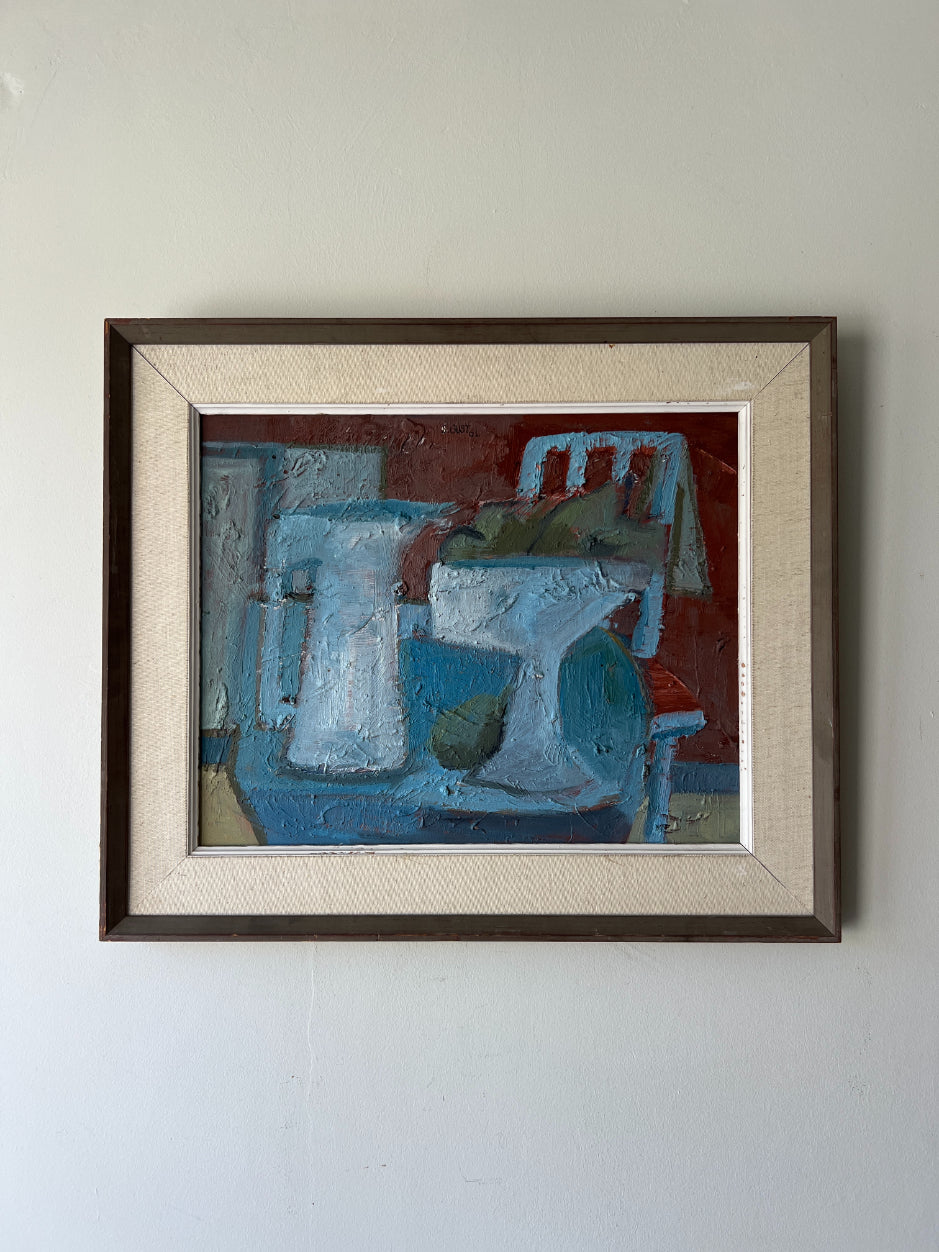 Framed vintage still life oil painting of  kitchen objects. Available at Hue. 