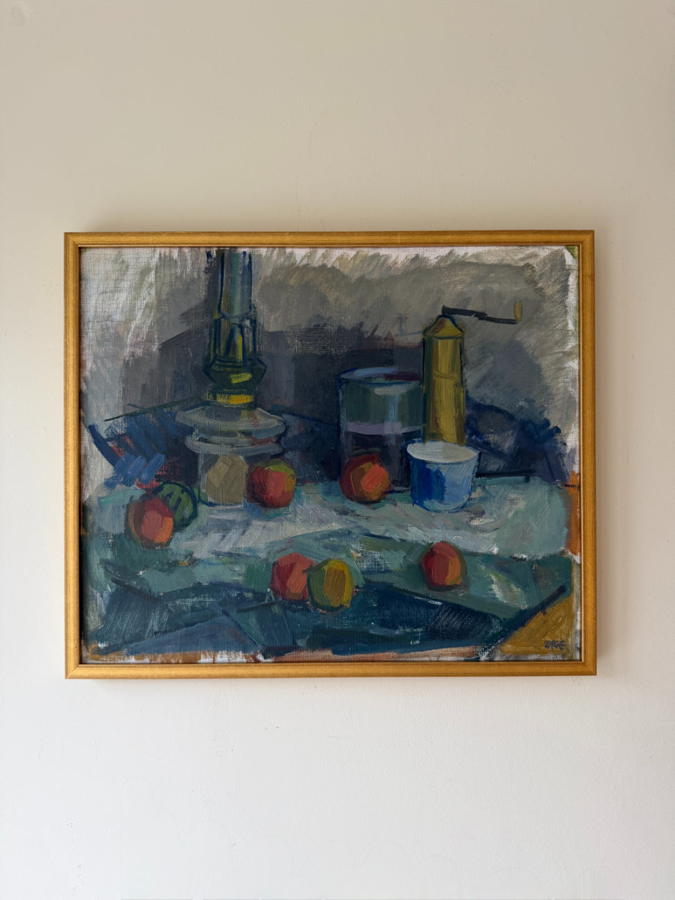 Framed vintage still life oil painting of fruit and vessels. Available at Hue. 