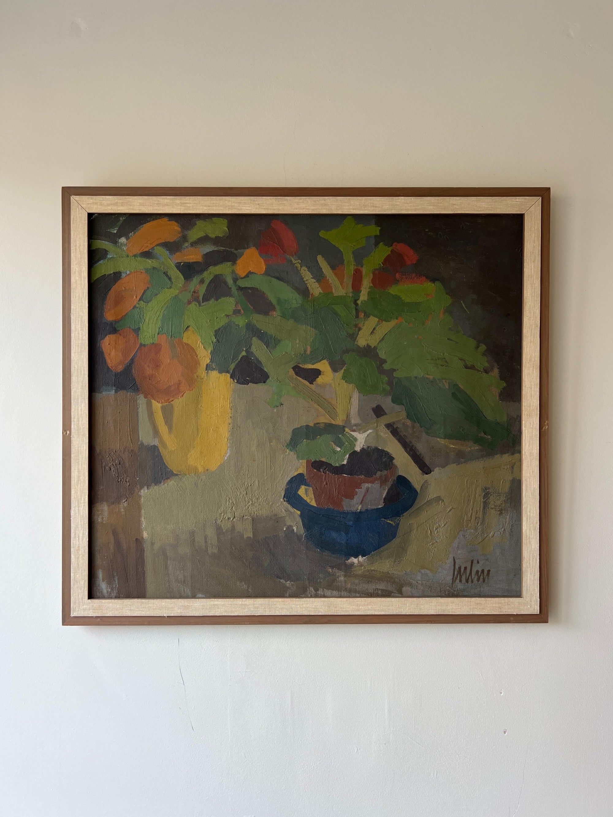 Framed vintage oil painting of a still life with plants in a pot and jug. Available at Hue. 