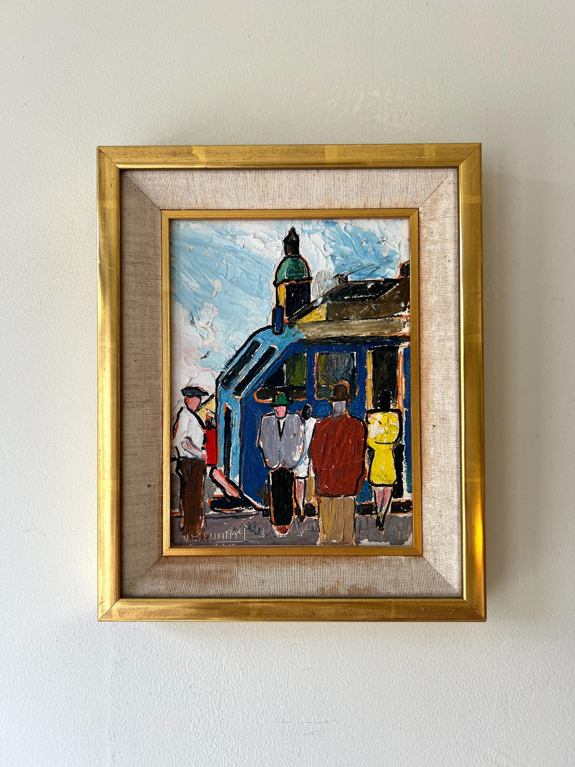 Framed vintage oil  painting of a city tram with people, available at Hue.