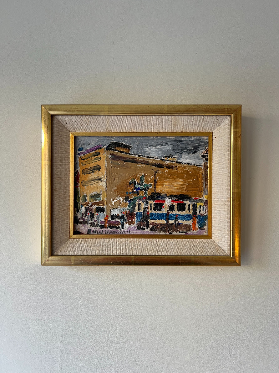 Framed vintage oil  painting of a city tram with people. Available at Hue.