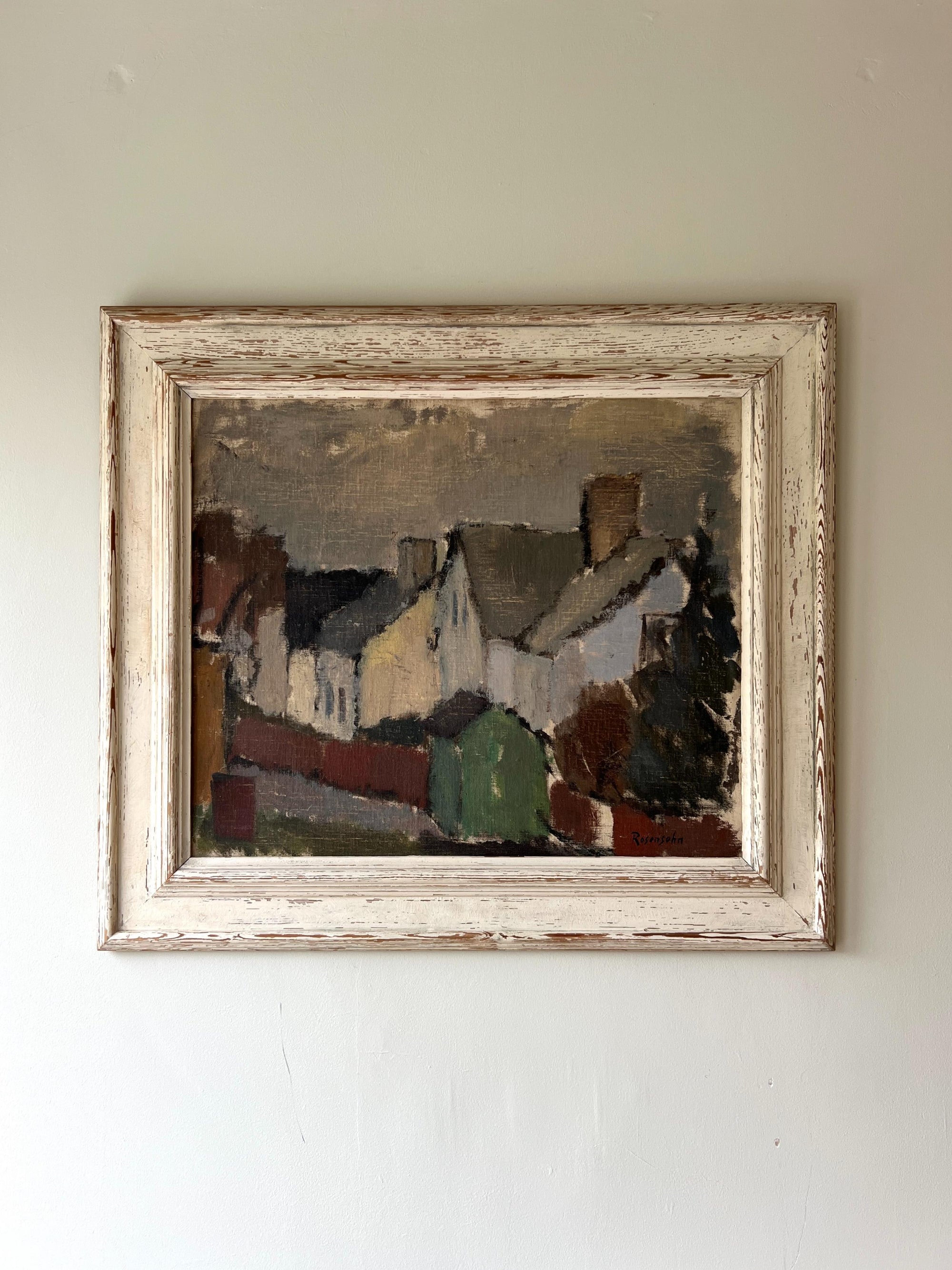 Framed vintage oil  painting of a village scene, available at Hue