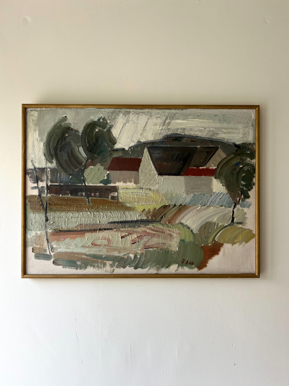 Framed vintage painting of a landscape farm scene with trees available from Hue