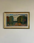 Framed painting of a landscape with autumnal trees and a vibrant sky and clouds, available from hue