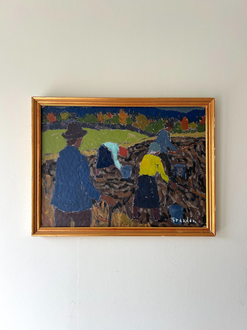 Framed, vintage oil painting of people working in a field available from hue