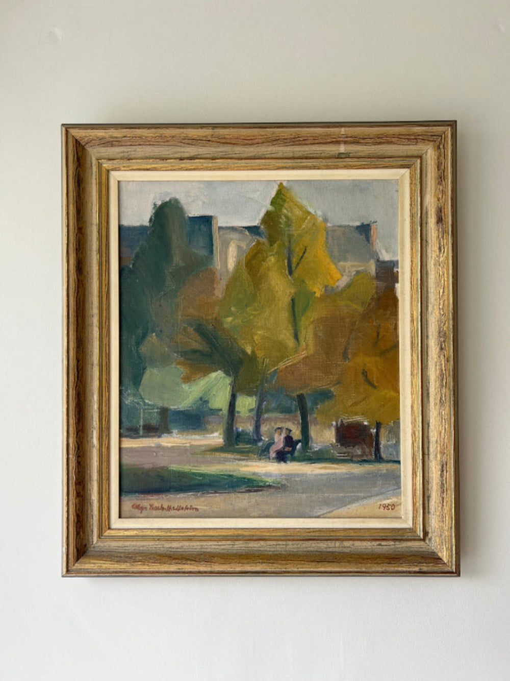 Framed, vintage oil painting of a park scene with autumn trees and people available from hue