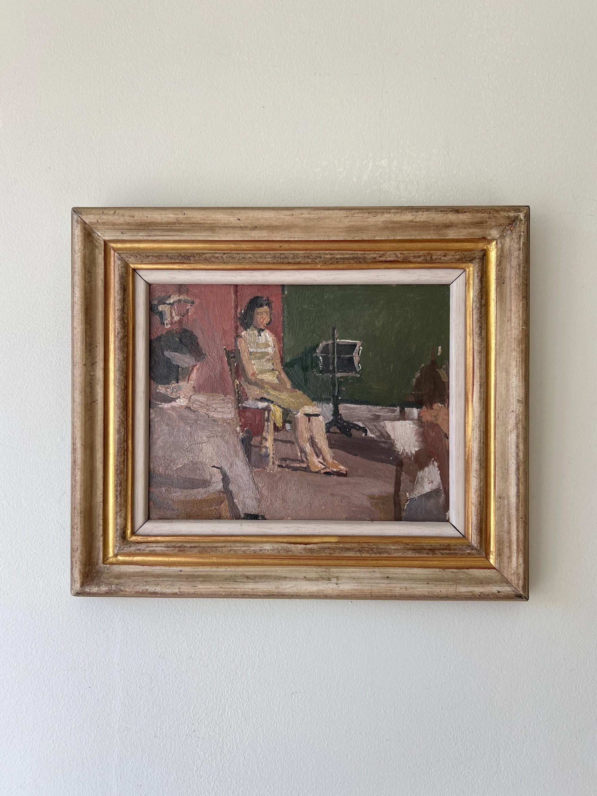 Framed painting of two women in a room with a vintage gold frame, available at Hue.
