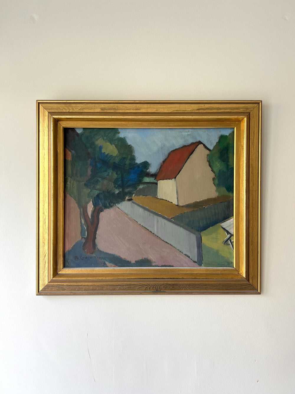 Framed painting of a landscape with a house and trees in a cubist abstract block style, available from hue