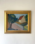 Framed painting of a landscape with a house and trees in a cubist abstract block style, available from hue