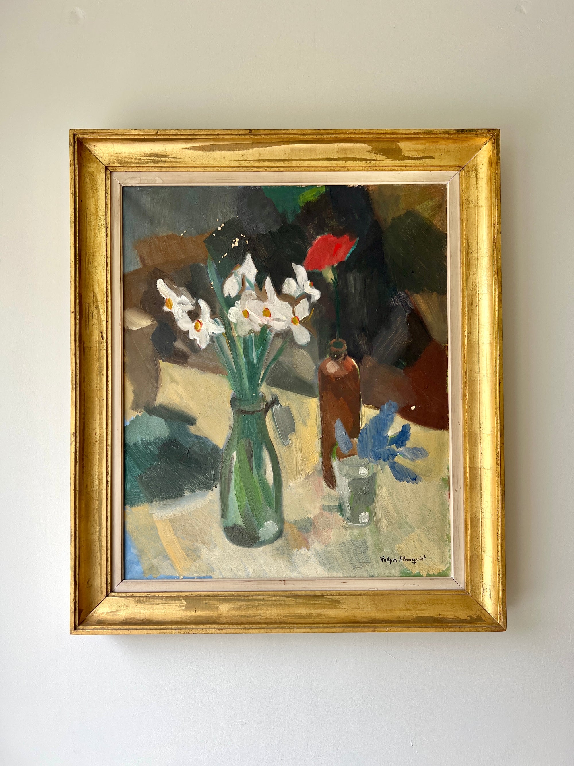 Framed painting of a still life of daffodil and muscari spring flowers on a table in gilt frame, available from hue
