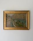 Framed vintage landscape oil painting of a lakeside scene in italy. Available at Hue. 