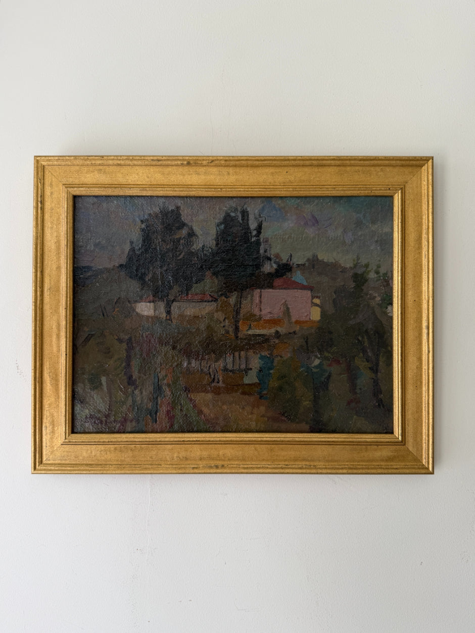Framed vintage oil landscape painting of a rural Tuscan house with trees. Available at Hue. 