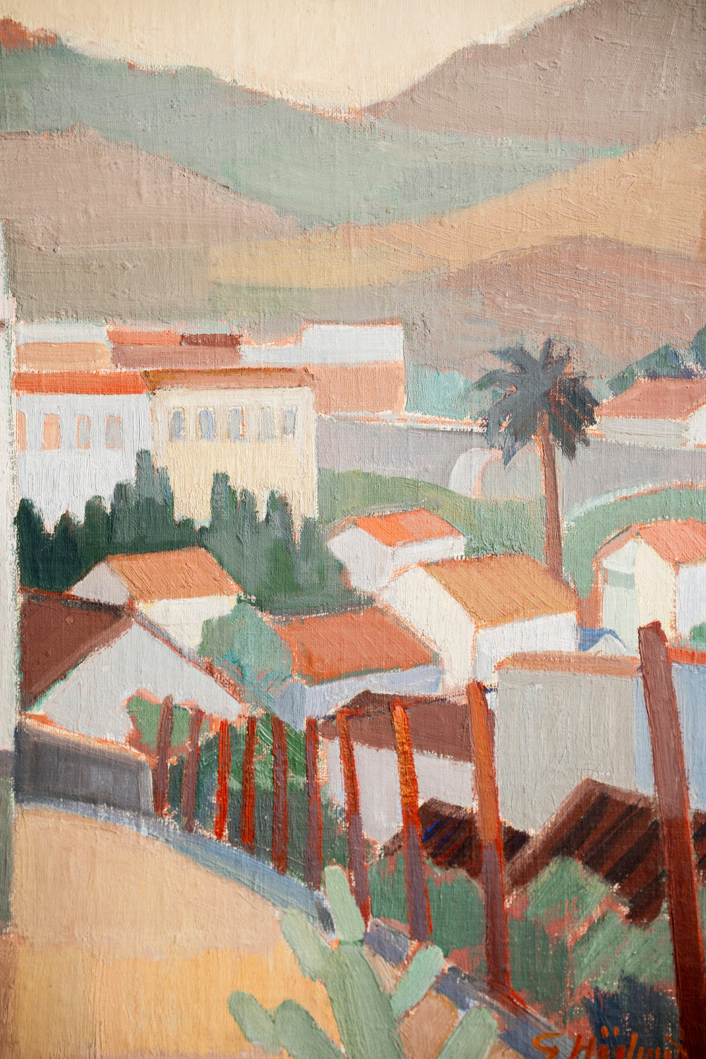 Original mid-century vintage art landscape depicting a Mediterranean hillside town with terracotta rooftops and distant mountains, from Hue + Holasz.
