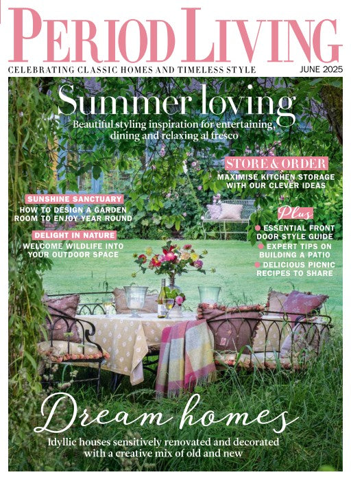Period Living June 2025 magazine cover featuring a summer garden dining table surrounded by lush greenery. Press featuring Hue.
