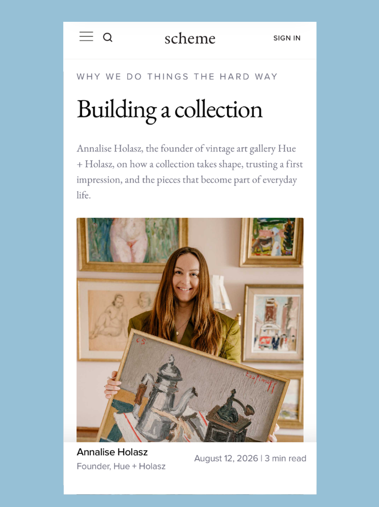 Scheme feature on building a vintage art collection with Hue + Holasz founder Annalise Holasz, exploring collecting original mid-century vintage art.