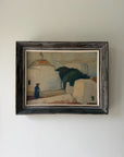 A framed vintage oil painting depicting a Mediterranean-style scene with white buildings, a dark tree, and a small figure. Available at Hue. 