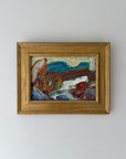 A framed vintage oil landscape painting of an abstract mountain scene. Available at Hue. 