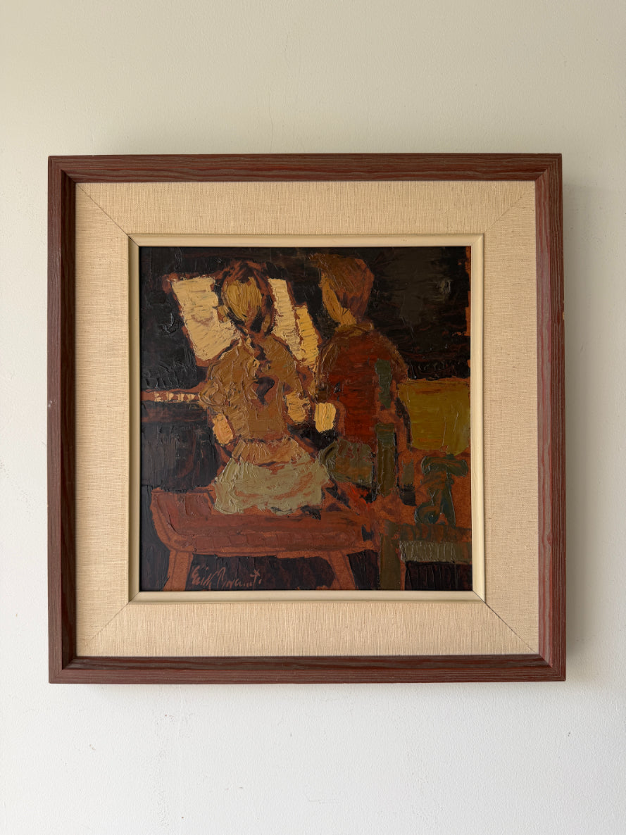 Framed vintage oil painting depicting a boy and a girl playing the piano together in rich ochres tones. Available at Hue. 