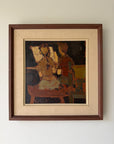 Framed vintage oil painting depicting a boy and a girl playing the piano together in rich ochres tones. Available at Hue. 