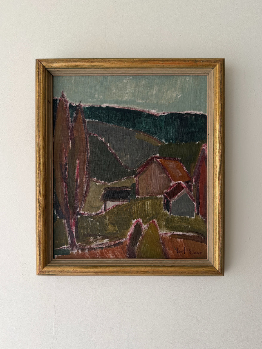 A framed vintage landscape oil painting, depicting stylized hills, trees, and a house in earthy tones, housed in a gold-toned wooden frame. Available at Hue. 