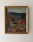 A framed vintage landscape oil painting, depicting stylized hills, trees, and a house in earthy tones, housed in a gold-toned wooden frame. Available at Hue. 