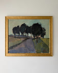 A framed vintage landscape oil painting depicting a road lined with dark trees under a pale sky. Available at Hue. 