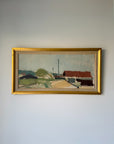 A framed vintage landscape  oil painting depicting a rural scene with a red-roofed house, green fields, and a pale sky. Available at Hue. 