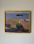 A framed vintage landscape painting featuring geometric fields and a blue sea with an island. Available at Hue.
