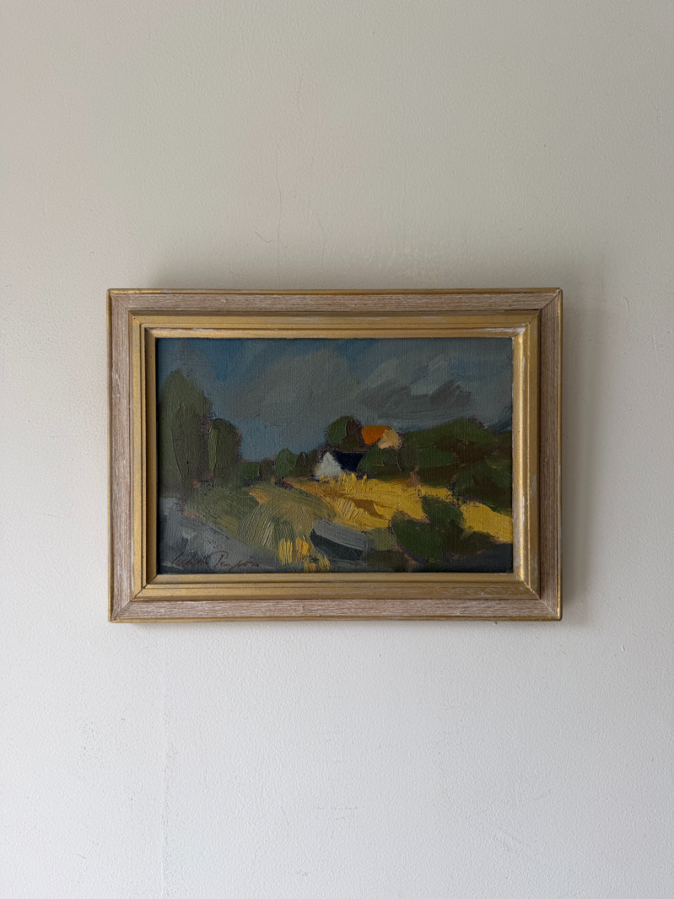 Framed vintage oil landscape painting of an impressionist rural farm scene. Available at Hue. 