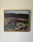 A framed vintage landscape oil painting with thick impasto brushstrokes, featuring dark hills, a pale sky, and earthy fields in purple, brown, green, and red tones. Available at Hue.
