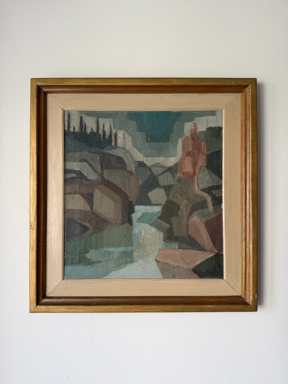 Framed vintage oil painting of a rocky gorge landscape in an original vintage gilt frame. Available at Hue. 